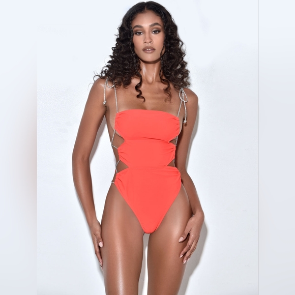 🧡Beverly Orange Red Crystal Lace Up One Piece Swimsuit - Picture 4 of 14